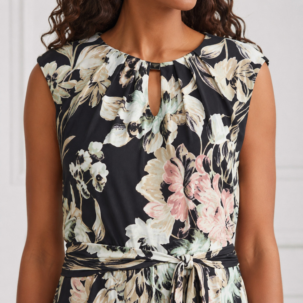 NWT Kasper Floral Pleated Neck Keyhole Midi Dress Size 16 Black Multi - Picture 5 of 7